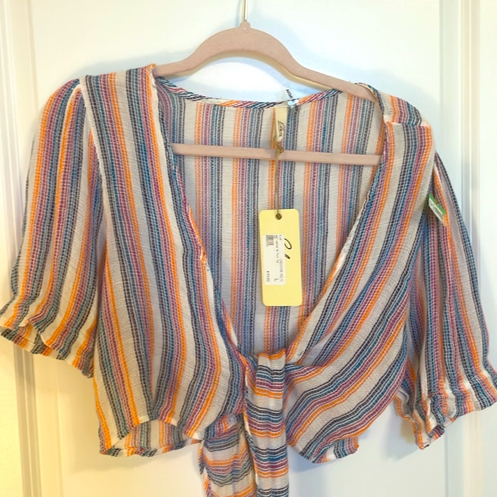 Elan multi-colored striped crop top with tie